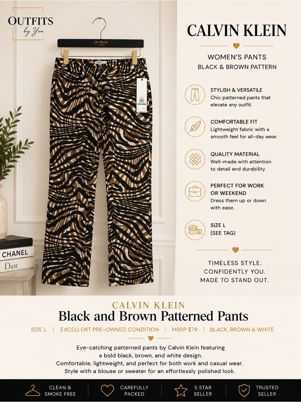 Calvin Klein Black and Brown Patterned Pants